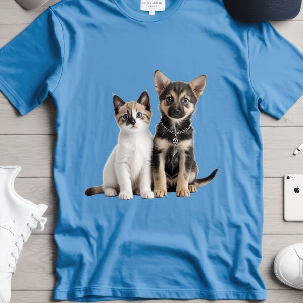 Cute Furry Friends Playing Together A playful puppy and kitten sitting together on a white background.
