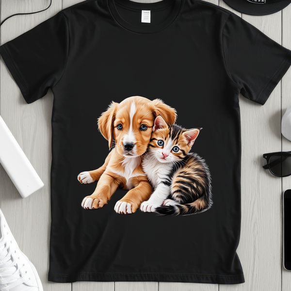 An adorable illustration of a dog and cat playing together in a clear image format.