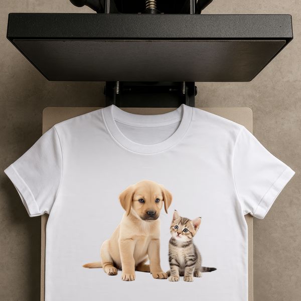 Whimsical Duo Illustration Close-up illustration of a playful puppy and kitten side by side with a clear background.