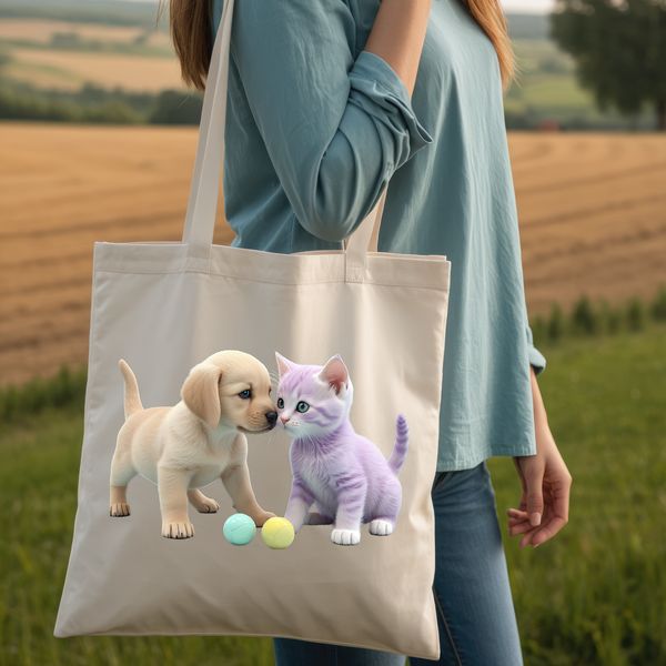 A digital image of a mixed animal breed, featuring a puppy and kitten together on a transparent background.