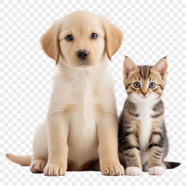 Cute Furry Friends Together A digital illustration of a cute puppy and kitten sitting together in a transparent PNG format.