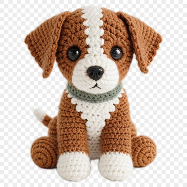 Cute Crochet Puppy in Transparent PNG Format A small, adorable dog made from crochet patterns in transparent PNG format.