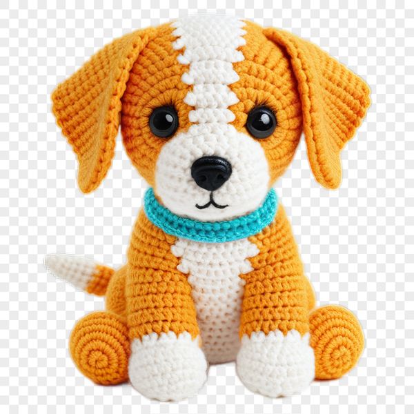 A small, adorable puppy figurine made from crochet, with a clear transparent background.