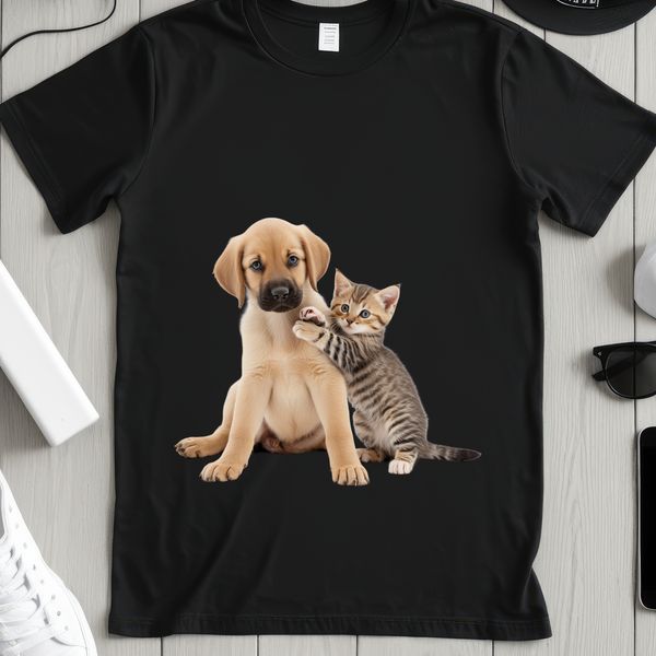 Adorable Mixed Pet Friends Silhouette Cute puppy kitten sitting together on a transparent background.