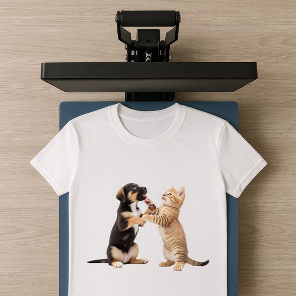 Playful Pet Mixture A high-resolution transparent PNG image of a puppy kitten in one adorable scene.