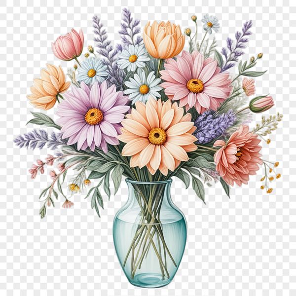 A bouquet of colorful flowers arranged in a decorative shape with a clear transparent background.