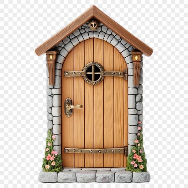 A whimsical fairy door with intricate details, set against a transparent background.