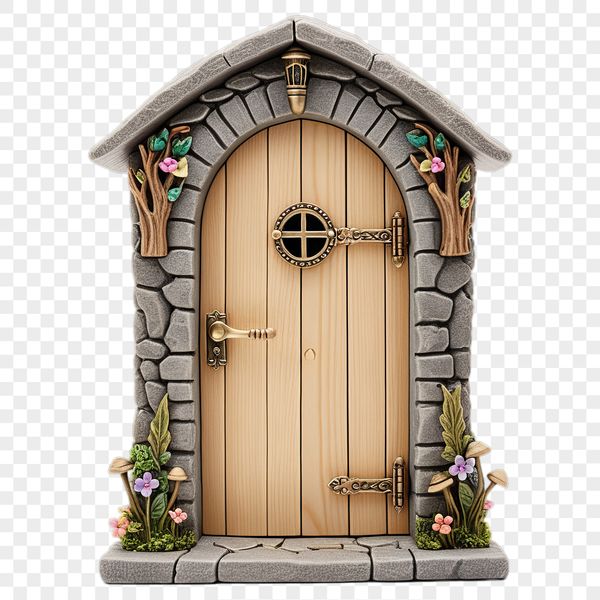 Enchanted Miniature Doorway A small, transparent PNG image of a whimsical fairy door with intricate details.