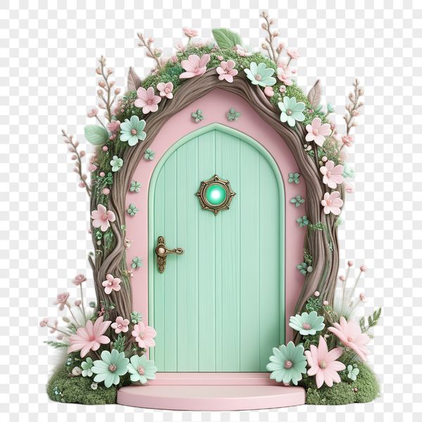 A detailed illustration of a fairy door with a clear background, suitable for sublimation printing.