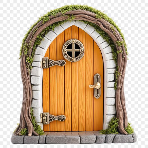 A transparent PNG image of a whimsical fairy door with a clear background, perfect for commercial or personal use.