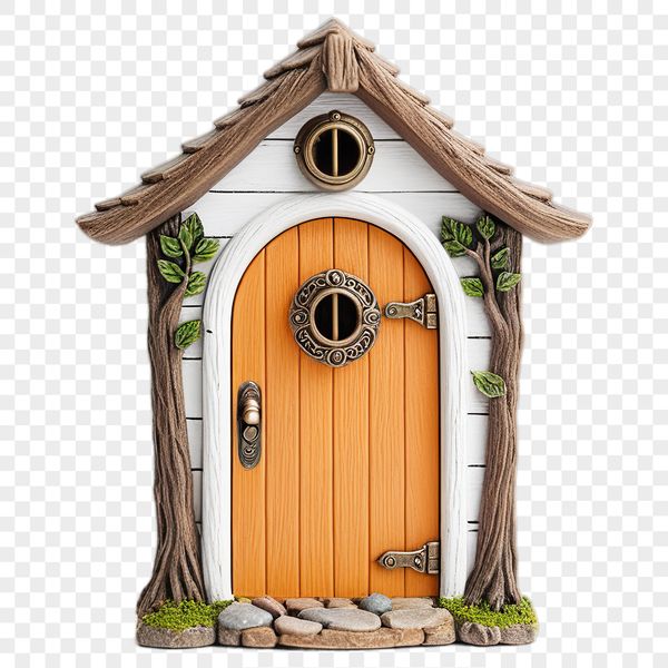 A transparent PNG image of a whimsical fairy door with a clear background, perfect for creative projects.