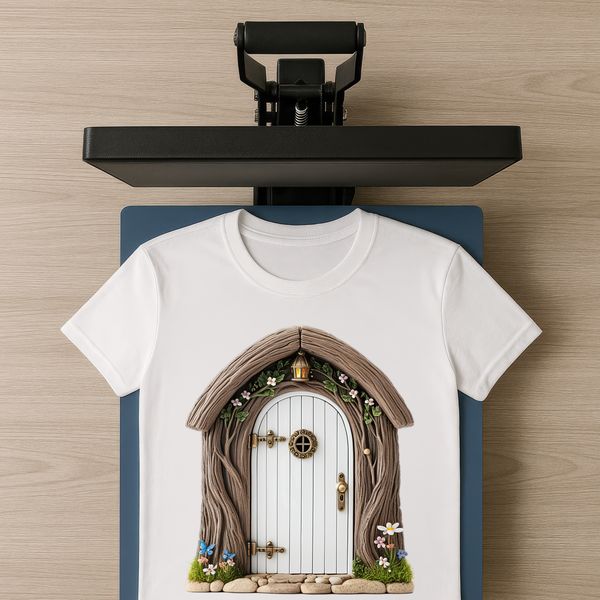 A whimsical, transparent PNG image of a small fairy door with intricate details and a clear background.