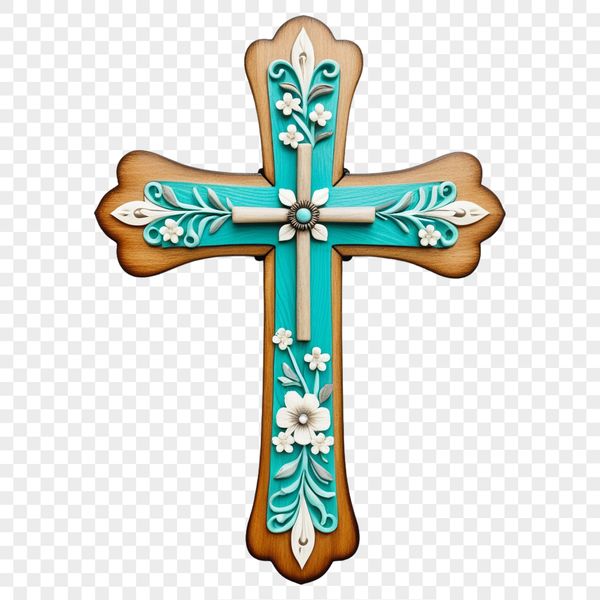 A transparent PNG image of a classic Christian cross with intricate details and a clear background.
