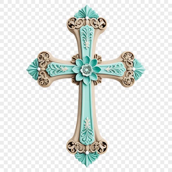 A high-resolution transparent image of a white wooden cross with floral details.