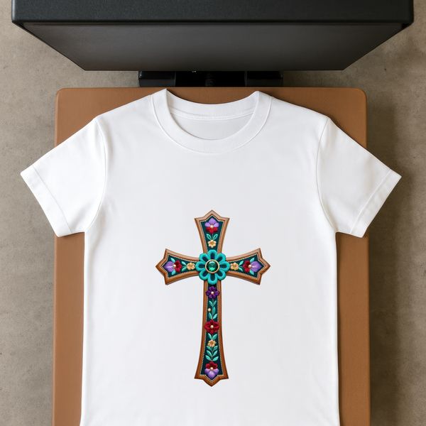 A simple transparent png cross with intricate details.