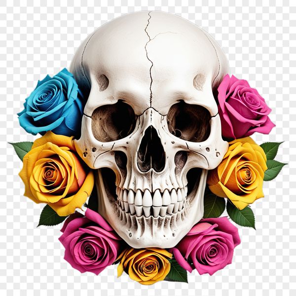 Clear Skull Graphic on White Background A clear transparent skull graphic with a white background.