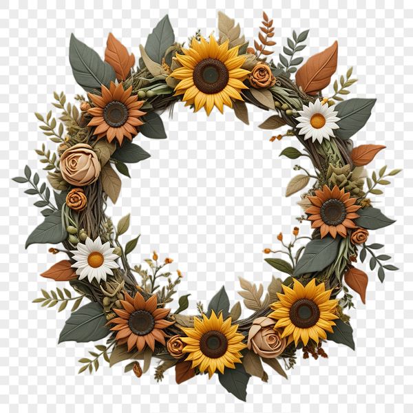 A floral wreath made from sunflowers in high resolution transparent PNG format.