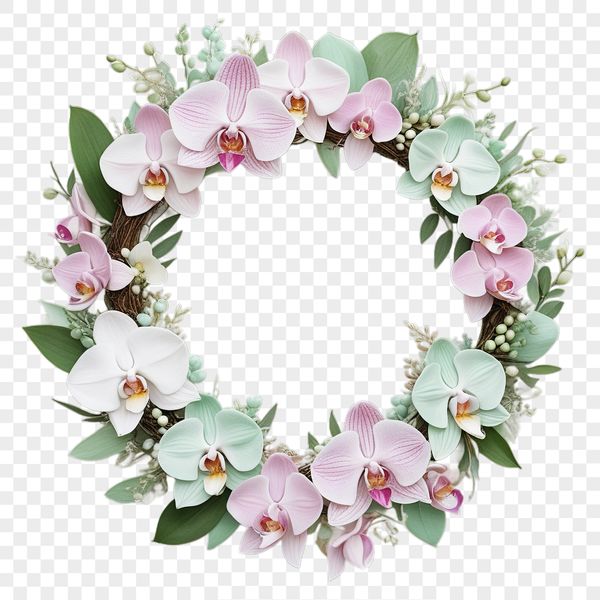 A high-resolution floral wreath made up of various flowers and foliage, suitable for commercial or personal use.