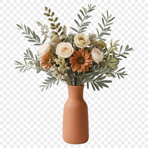 A colorful bouquet of flowers arranged in a vase on a white background.