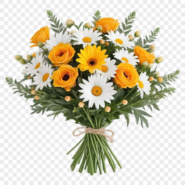 A colorful arrangement of flowers in a bouquet with clear background.