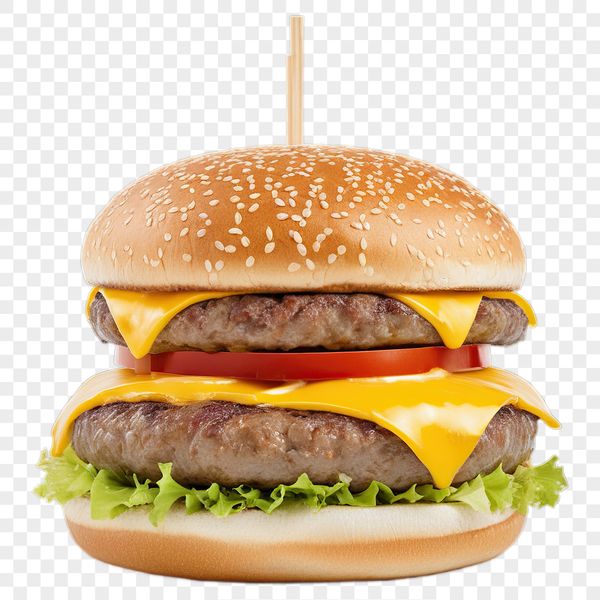 A classic cheeseburger with a toasted bun, sliced beef patty, melted cheese, lettuce, tomato, and condiments.