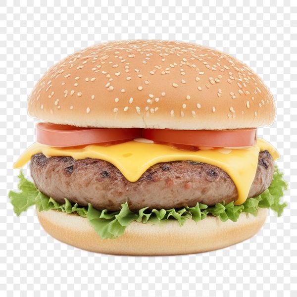 A classic cheeseburger consisting of a round beef patty topped with melted cheese on a sesame seed bun.