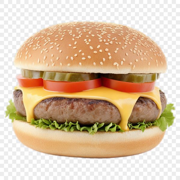 A high-resolution PNG image of a classic cheeseburger on a transparent background.
