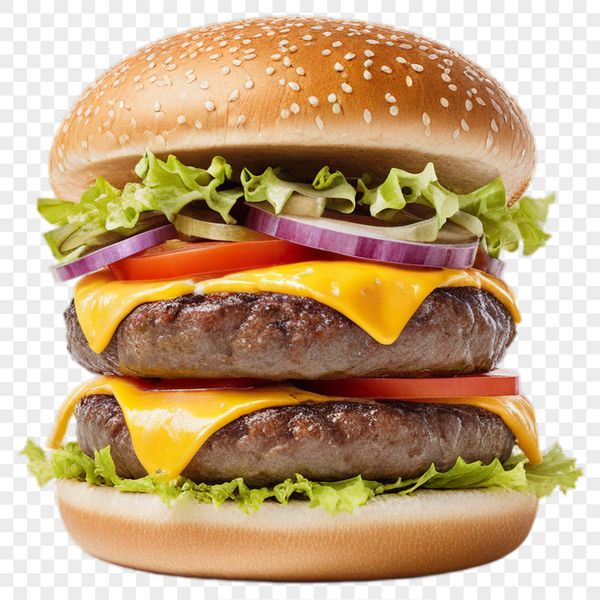 A high-resolution transparent png image of a cheeseburger on a clear background, suitable for commercial and personal use.