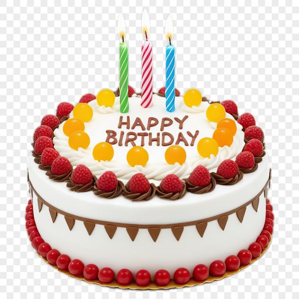 A colorful birthday cake with candles on top, suitable for personal or commercial use as a template or clip art.