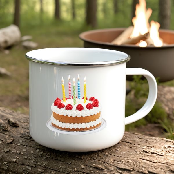 A high-resolution transparent image of a colorful birthday cake with candles and decorations.