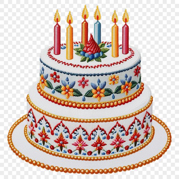 A layered birthday cake with candles on top, made from a high-resolution PNG file suitable for commercial or personal use.