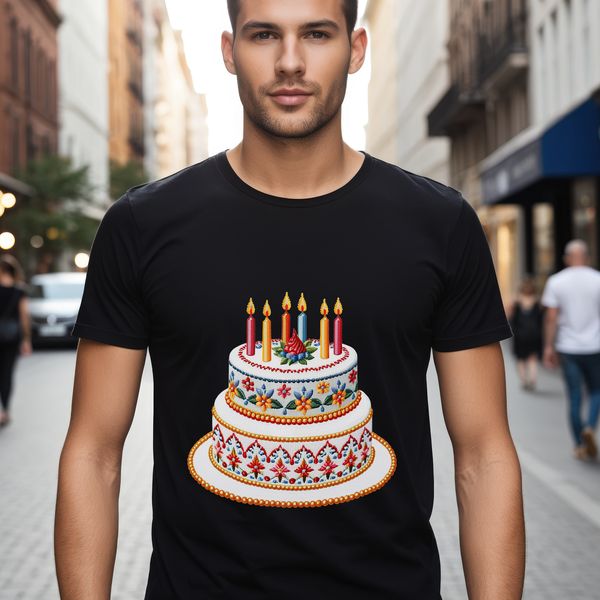 A colorful birthday cake with candles lit on top, ready to be served at a celebration.