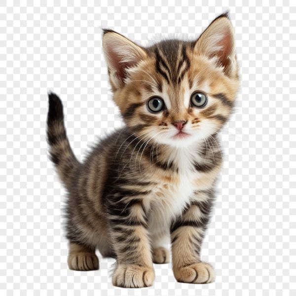 White Kitten Portrait on Transparent Background A close-up photo of a fluffy white kitten with bright blue eyes on a transparent background.
