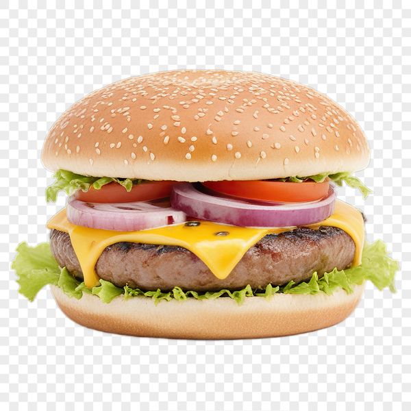 A high-resolution transparent image of a cheeseburger with a clear background, suitable for print and DIY projects.