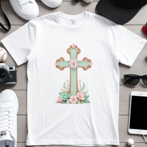 Elegant Cross Design with Floral Motifs A simple white cross with floral motifs and detailed engravings on a transparent background.