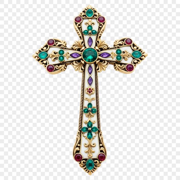 A high-resolution transparent image of a cross with a floral pattern etched into its surface.