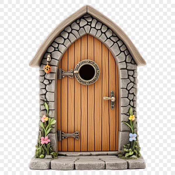 A small, intricately designed door with a pointed roof and delicate details, suitable for commercial or personal use.