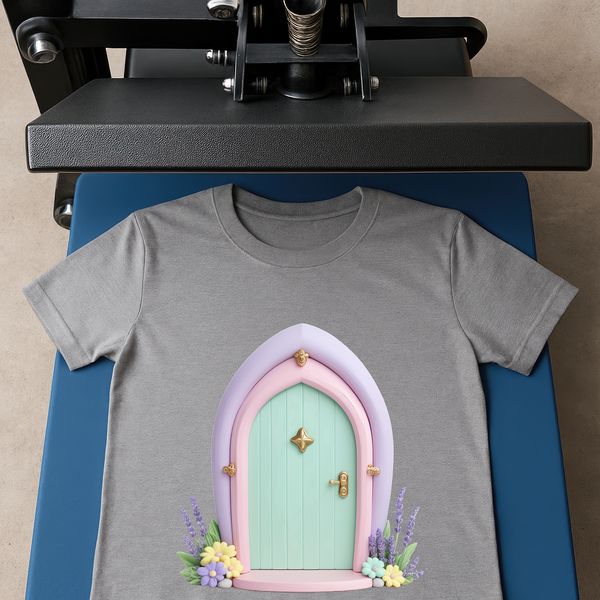 A transparent high-resolution image of a small wooden fairy door with intricate details.