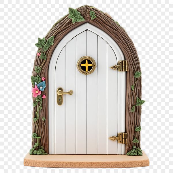 Beautiful Fairy Door Design A whimsical fairy door with a clear background, suitable for commercial or personal use as stickers, invitations, or signs.