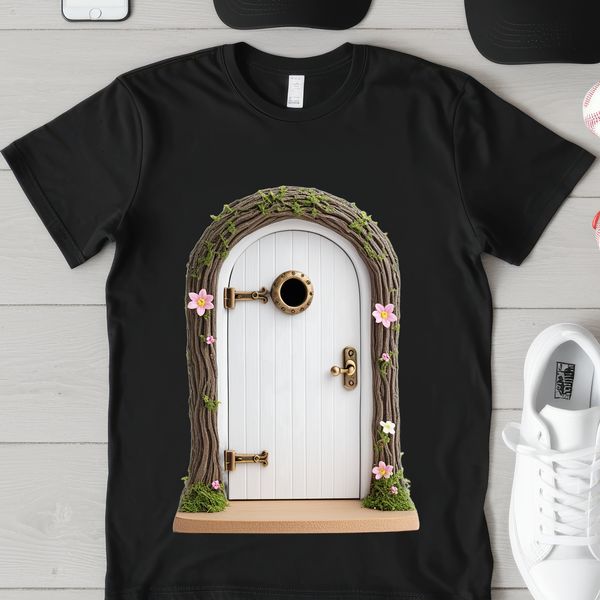Whimsical Wooden Wonders A small, ornate wooden door with intricate details, set against a clear white background.