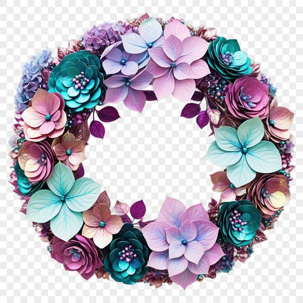 A floral wreath made from intertwined flowers and greenery on a transparent background.