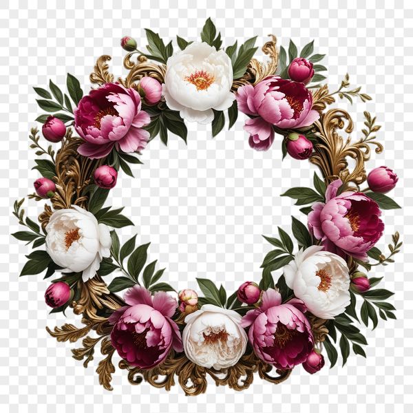 A transparent floral wreath made up of various flowers and foliage on a clear background.