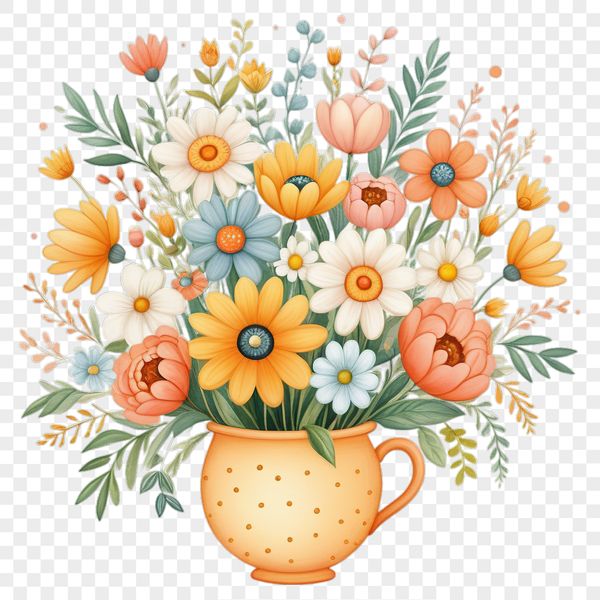 A high-resolution bouquet of colorful flowers on a transparent background.