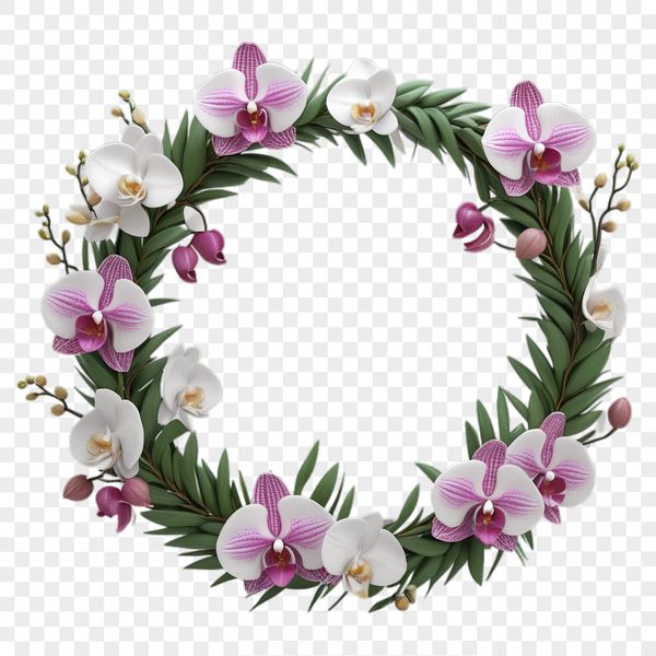 A large, high-resolution floral wreath made up of colorful flowers with a transparent background.