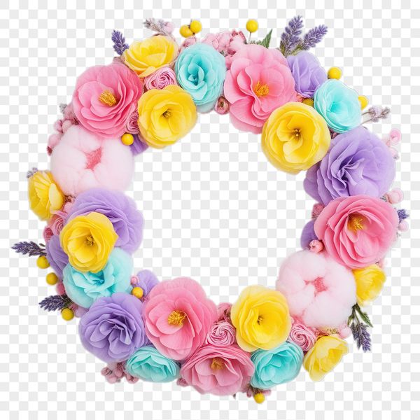 A high-resolution transparent floral wreath made up of various flowers in a circular pattern.