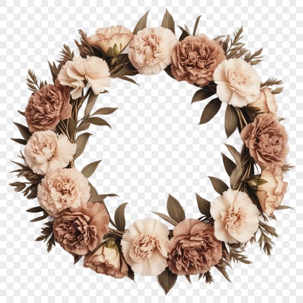 A floral wreath made from various flowers and foliage in a circular arrangement.