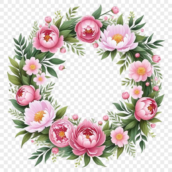 Beautiful Hand-Drawn Flower Wreath A floral wreath made from various flowers and foliage, created with a transparent background in high resolution PNG format.