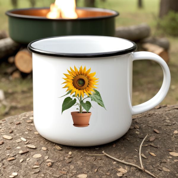 Single Sunflower in Pot A single bright yellow sunflower plant in full bloom, growing out of a simple flower pot.