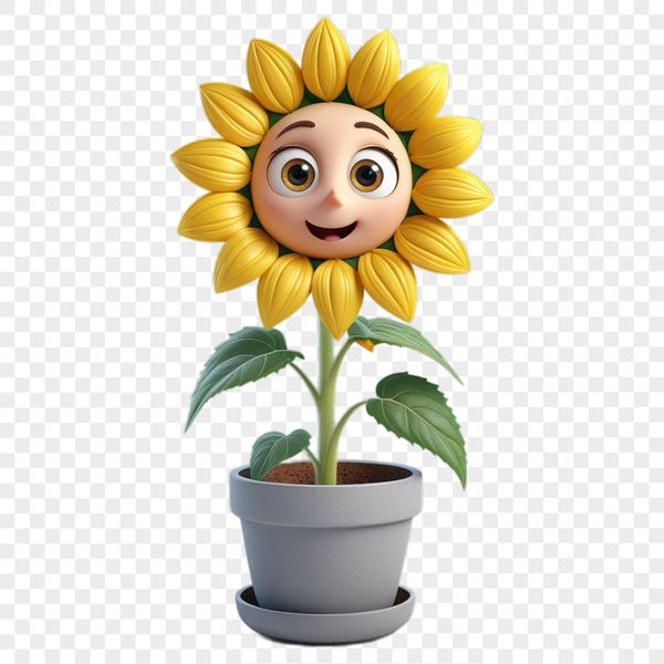 Vibrant Sunflower in Ceramic Pot A high-resolution image of a single sunflower in a ceramic flower pot with a clear background.