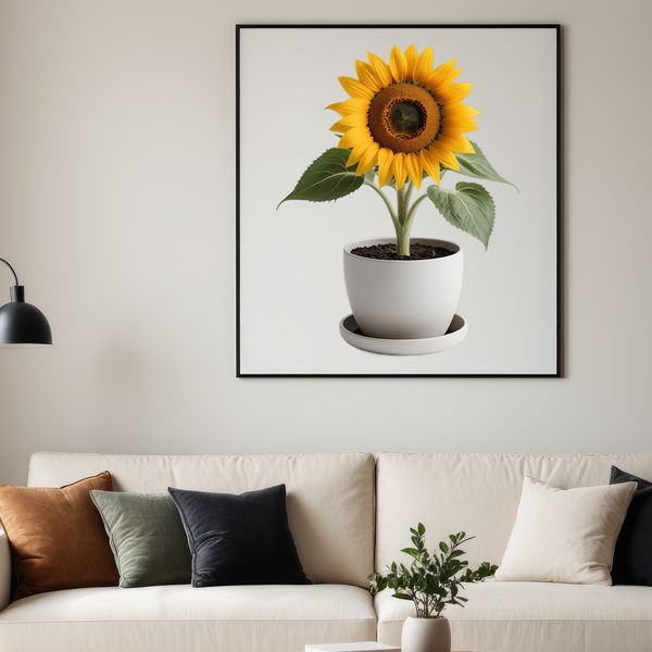 Bright Yellow Blooms with Dark Centers A single tall sunflower plant with bright yellow petals and dark center, placed in a simple flower pot.